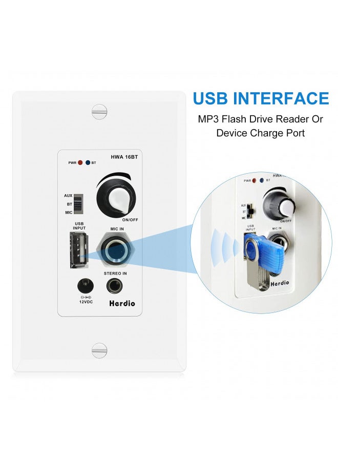 Herdio in Wall Audio Control Amplifier Receiver 2 Channel Wall Plate with USB Microphone Aux (3.5mm) Input 100Watt Max Module for Sound Systems Home Theater Integration Compatible with Bluetooth