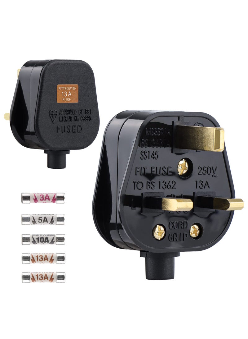 SANMUGEED 3 Pin Plug UK 13 Amp Plugs Fused Mains Plugs Black Plug with 3A 5A 10A 13A Domestic Fuses Kit - Image 1