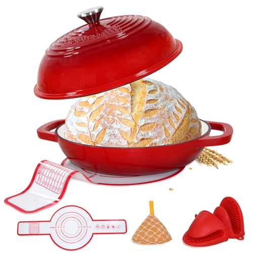 COOKWIN Enameled Cast Iron Dutch Oven with Lid,11”Dutch Oven for Homemade Bread,6 Quart Bread Pans,Bread Oven for Sourdough Bread Baking-with Silicone Baking Mat,Red Thick Enamel Bread Pan-Gifts for Family - Image 1