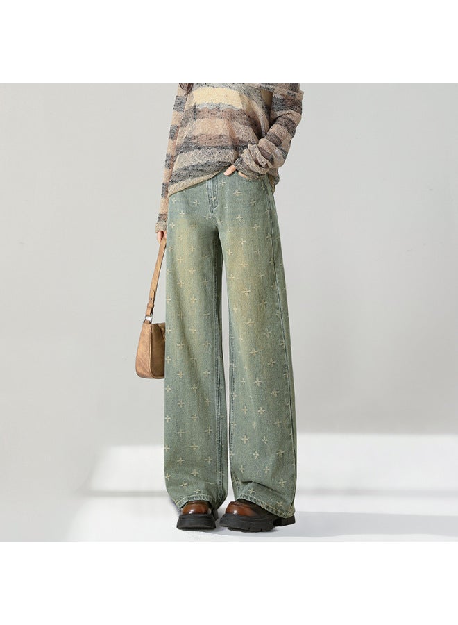 هابي ريترو نوستالجي أزرق بنطالون واسع الساق نسائي خريف وشتاء جديد خصر مرتفع نحيف ستارة فضفاض مستقيم الساق بنطلون نسائي - Image 1