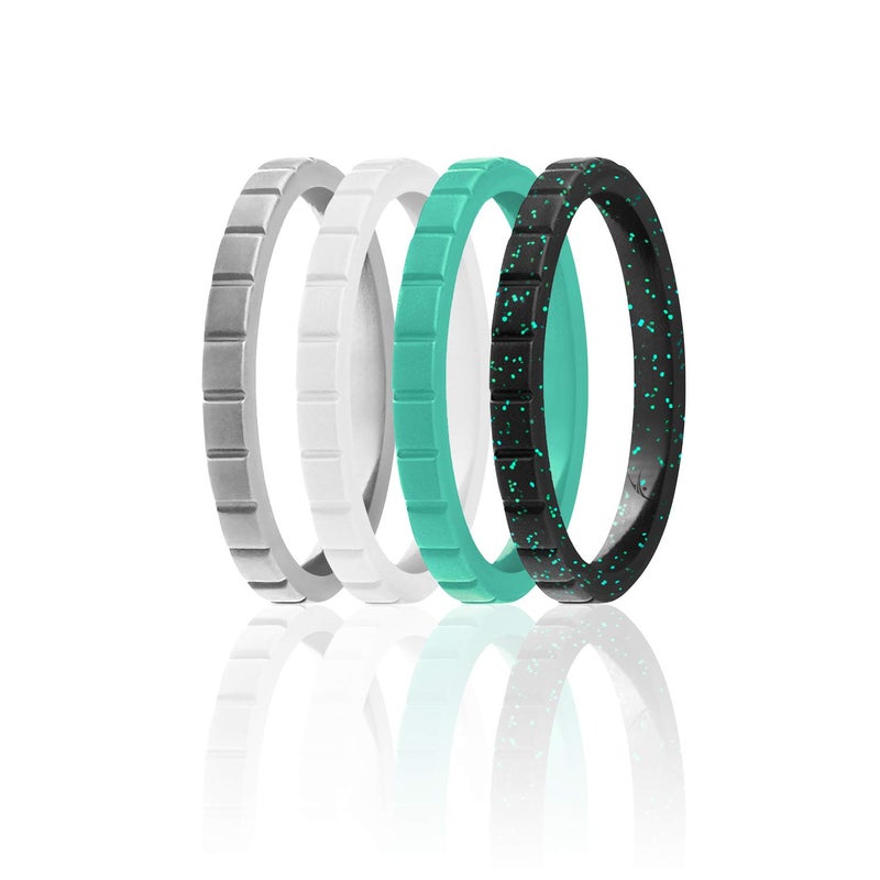 ROQ Silicone Rubber Wedding Ring for Women, Thin Stackable Rubber Silicone Wedding Band, Bridal Jewelry Set, Anniversary Rings, Promise Ring, Horizontal Lines & Point Pave Edge, 2.5mm Wide 2mm Thick, - Image 1