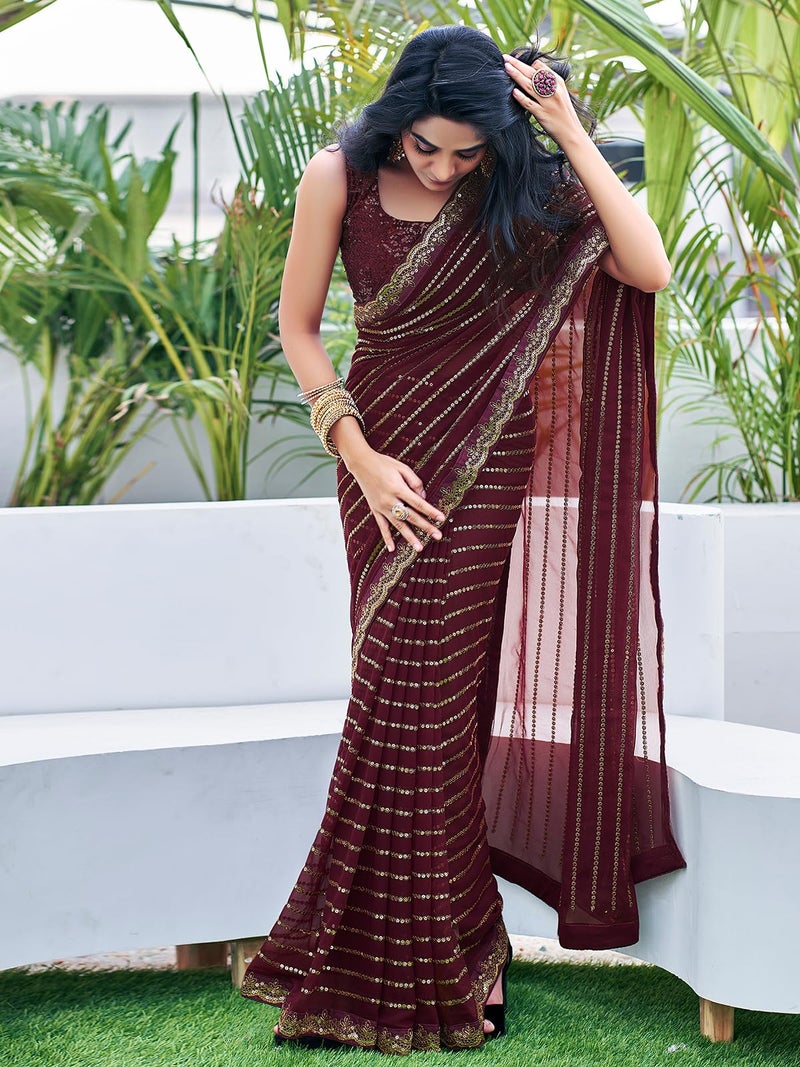 Satrani Women's Georgette Sequence Work Saree with Unstitched Blouse Piece (3775S102N_Brown) - Image 2