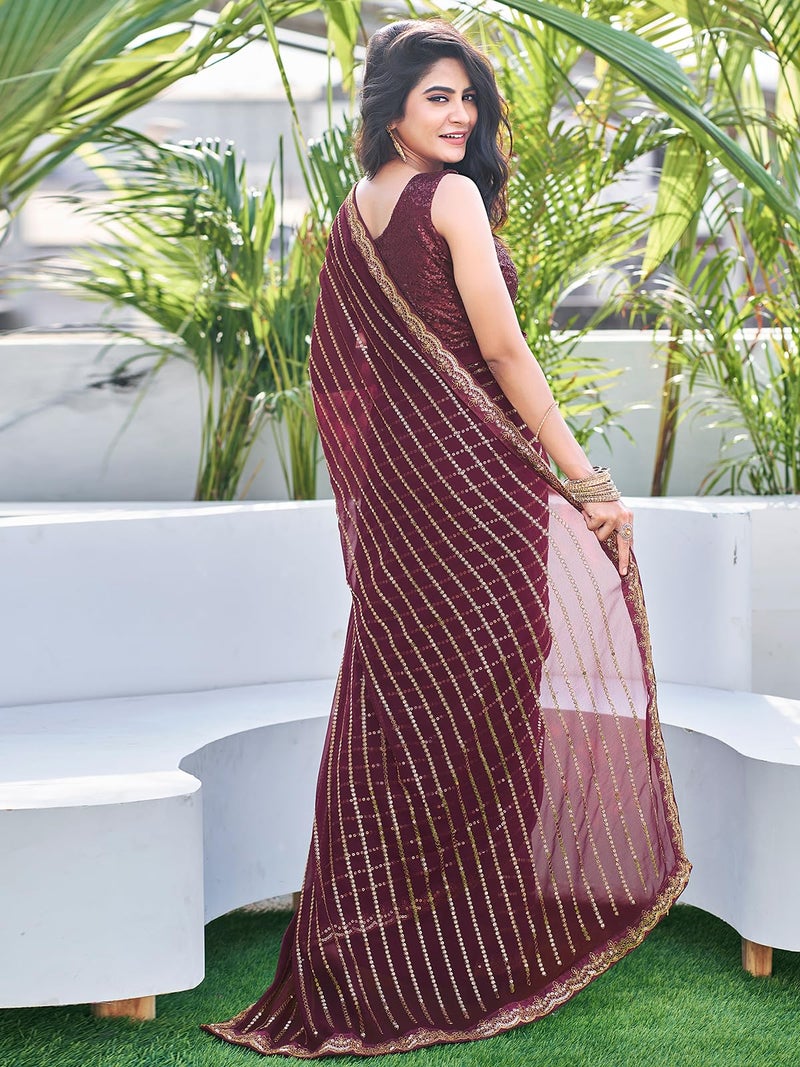 Satrani Women's Georgette Sequence Work Saree with Unstitched Blouse Piece (3775S102N_Brown) - Image 3