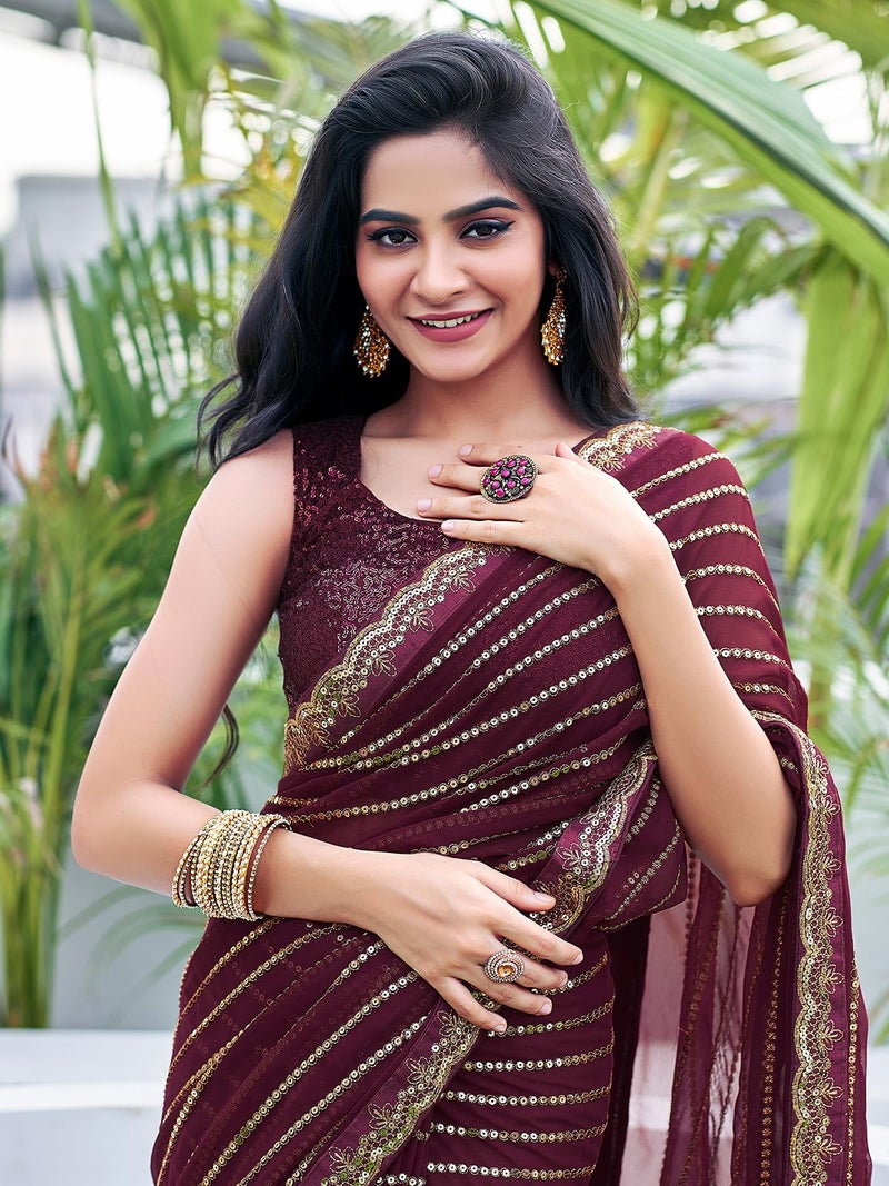 Satrani Women's Georgette Sequence Work Saree with Unstitched Blouse Piece (3775S102N_Brown) - Image 4