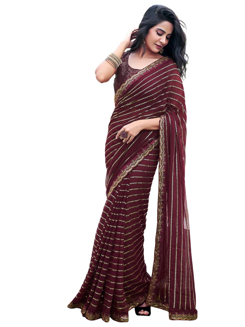 Satrani Women's Georgette Sequence Work Saree with Unstitched Blouse Piece (3775S102N_Brown) - Image 1