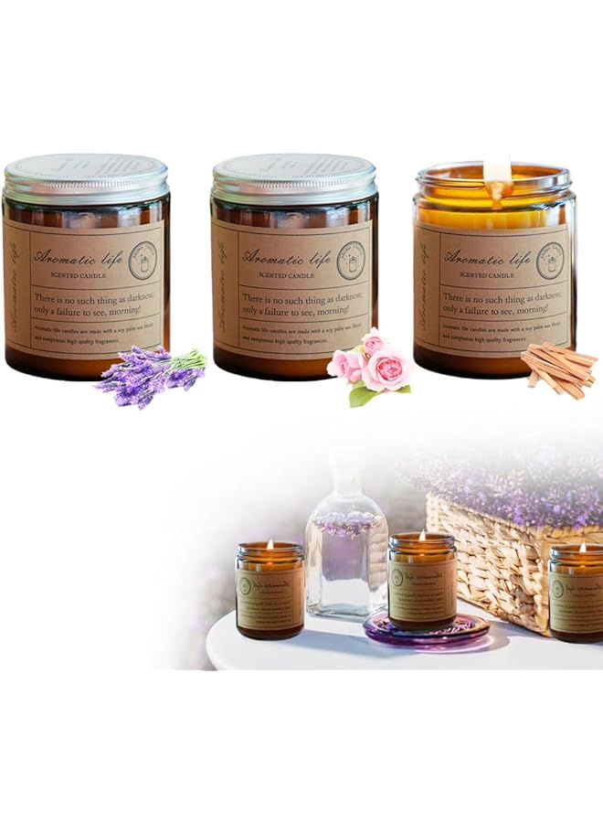 The Bros Aromatherapy Candle Set Soy Wax Scented Candles Large Brown Jar Candle 3 Pack Long Burning Time Lasting Fragrance for Home Scented Aromatherapy Festival Gifts Set- Lavender Sandalwood Rose Scents - Image 1