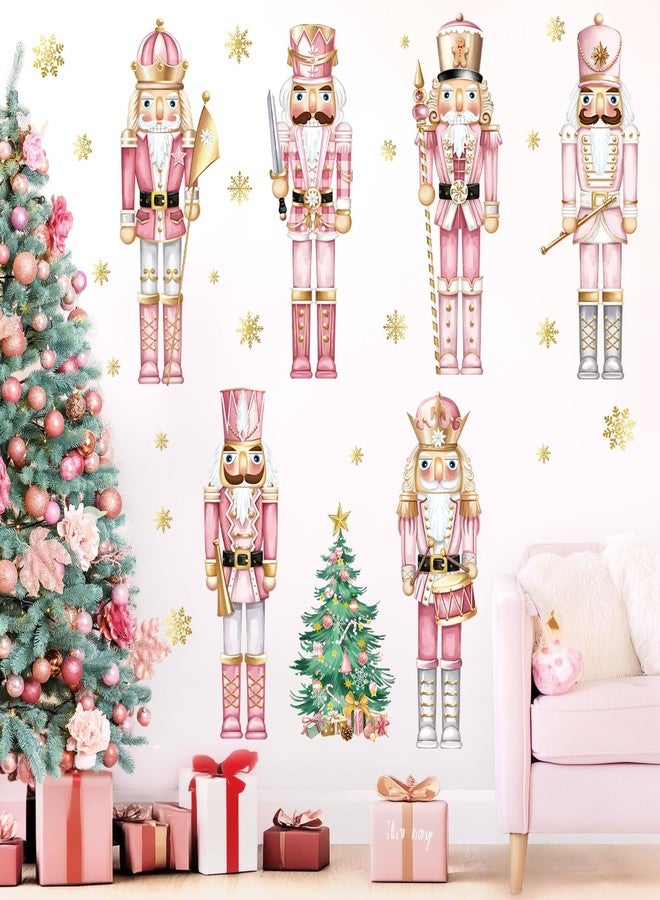 decalmile Christmas Pink Nutcrackers Window Wall Decals Christmas Trees Nutcracker Snowflakes Wall Stickers Living Room Childrens Room Christmas Party Window Wall Decorations - Image 1
