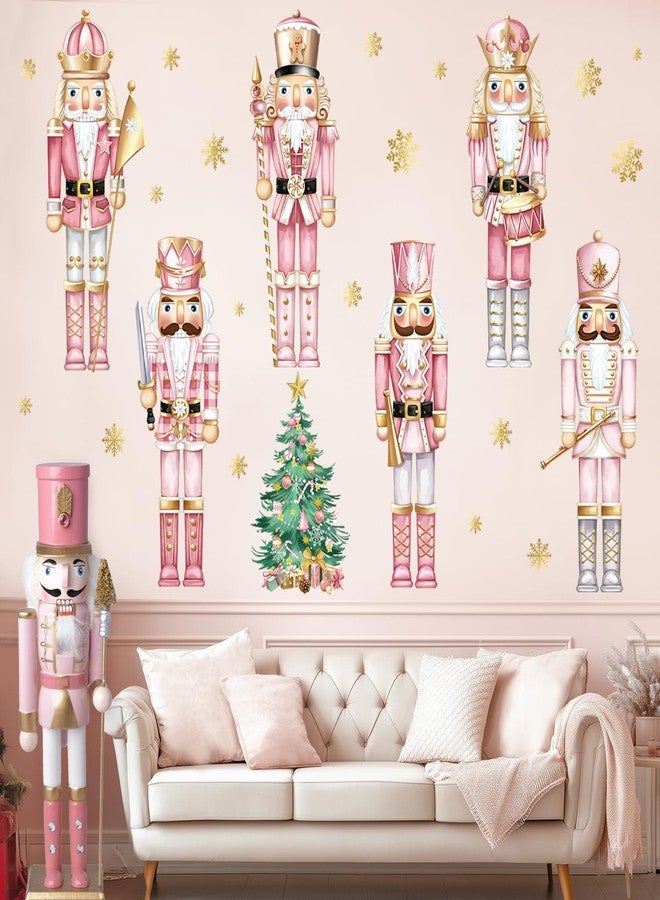 decalmile Christmas Pink Nutcrackers Window Wall Decals Christmas Trees Nutcracker Snowflakes Wall Stickers Living Room Childrens Room Christmas Party Window Wall Decorations - Image 2