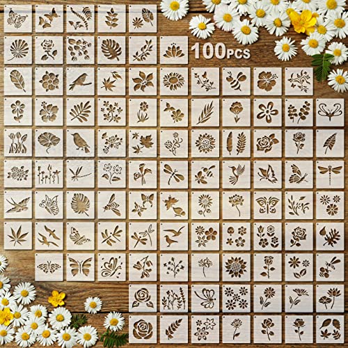 Fainne 100 Pcs Stencils for Painting on Wood Reusable Stencil Crafts Drawing Templates Holiday Wall Paper for DIY Scrapbook Home 2 x 2 Inch(Flower, Plants) - Image 1