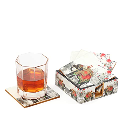 DULI Set of 6 MDF Wood Tea Coasters with Stand (10 * 10 cm) (Red-WhiteElephant) - Image 2