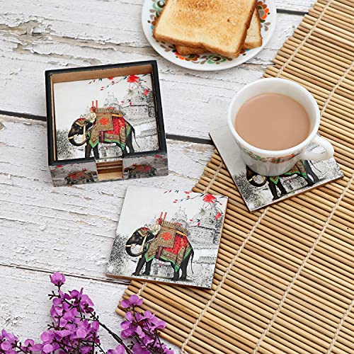 DULI Set of 6 MDF Wood Tea Coasters with Stand (10 * 10 cm) (Red-WhiteElephant) - Image 1