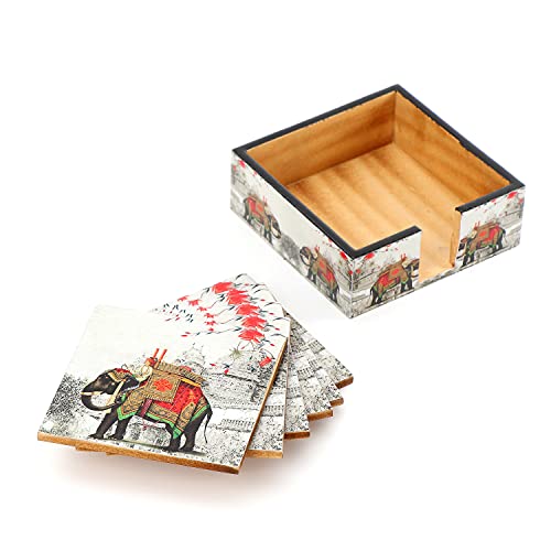 DULI Set of 6 MDF Wood Tea Coasters with Stand (10 * 10 cm) (Red-WhiteElephant) - Image 4