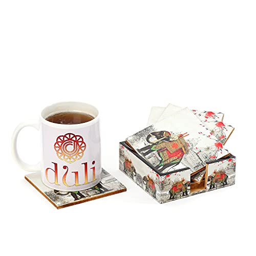 DULI Set of 6 MDF Wood Tea Coasters with Stand (10 * 10 cm) (Red-WhiteElephant) - Image 3