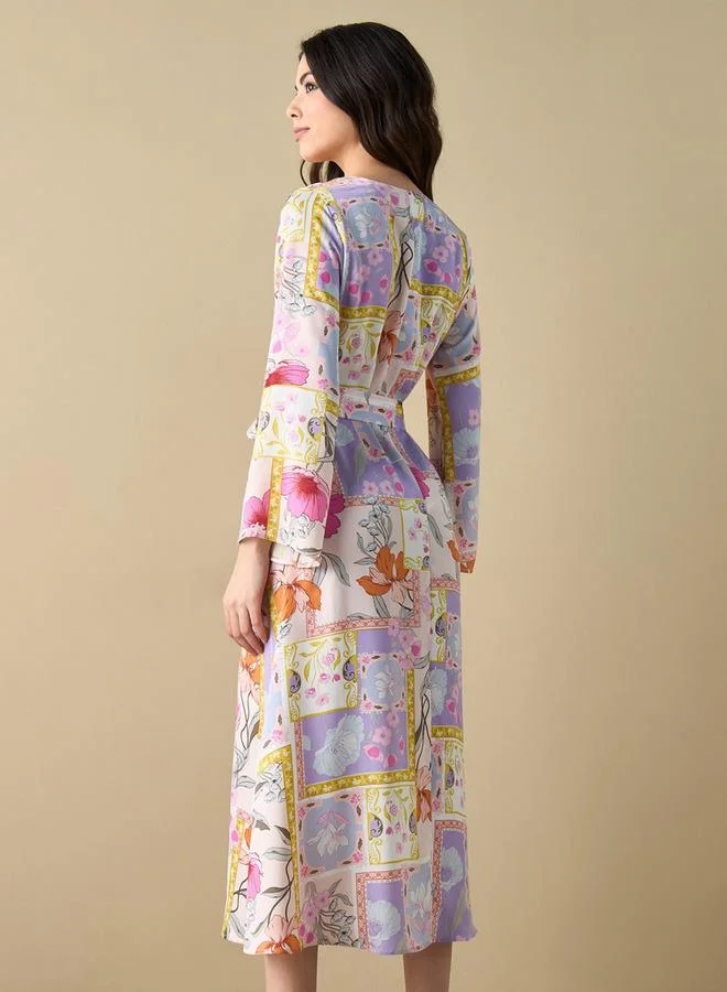 Splash FAV All-Over Floral Print Sleepshirt with Tie-Up Belt and Fringes