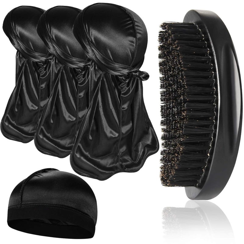 3pcs Silky Durag with Wave Brush for Men 360 Curved MediumHard Hair Brush KitsD