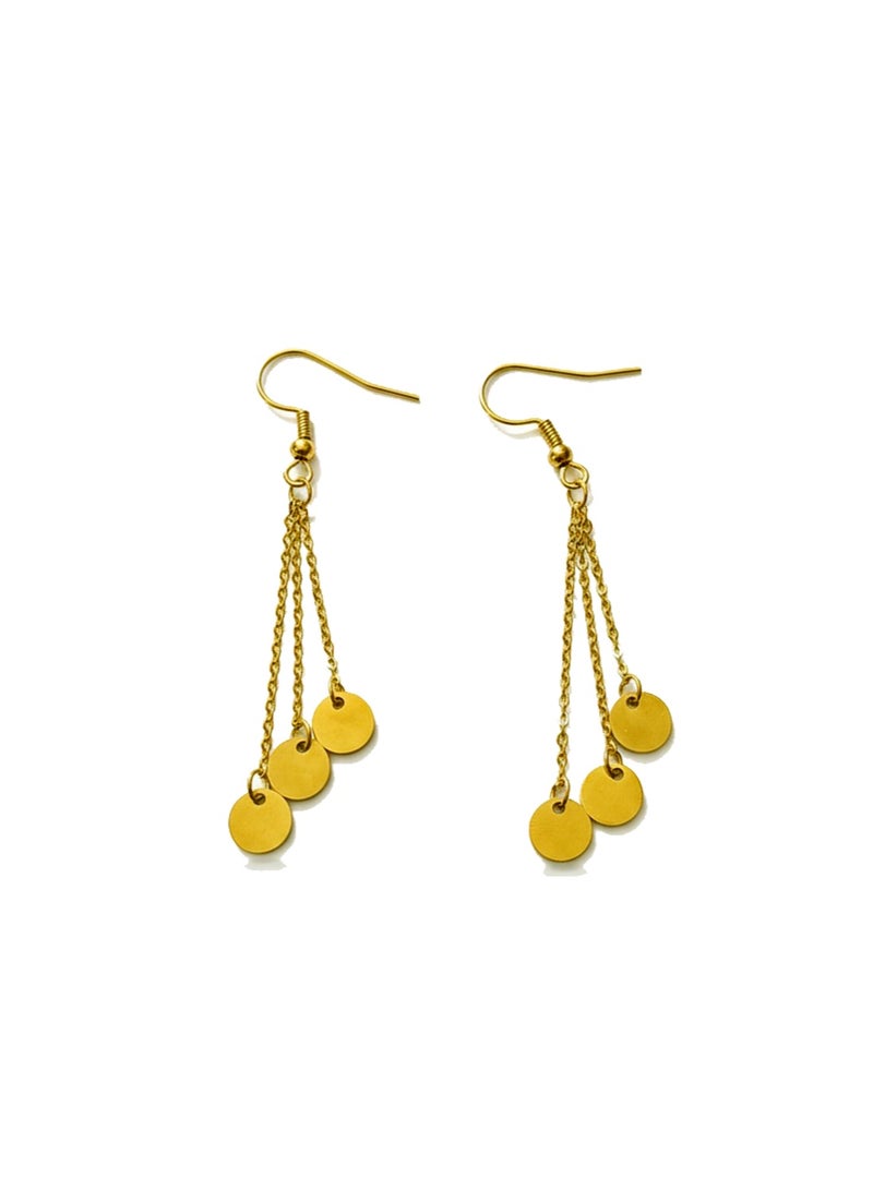 Julia Store 18K Gold Plated Stainless Steel Trendy Celebrity Deluxe Delicate Best Selling Triple Round Stainless Steel Hanging Dangling Hook Earrings Jewelry Gift For Women - Image 1