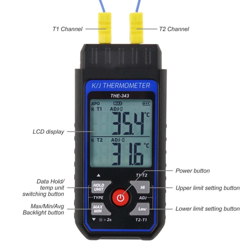 Dual Channel Thermometer Blue + Black With Simultaneous Temperature Comparison - Wide -328°F To 2501°F Range ±0.2% + 0.7°C Accuracy Industrial Thermometer For HVAC Laboratory Manufacturing Professiona - Image 2