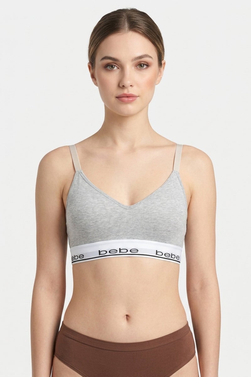 bebe Women Brand Logo Padded Bralette, Light Grey - Image 1