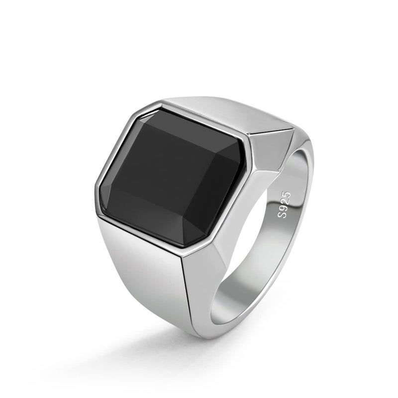 Dankadi 925 Sterling Silver Men Black Onyx Ring Square Circular Agate Signet Ring For Woman Index Finger Ring Sizes 6 to 13 For Band Mans Jewelry Gift For Him (Square Agate, 9) - Image 1