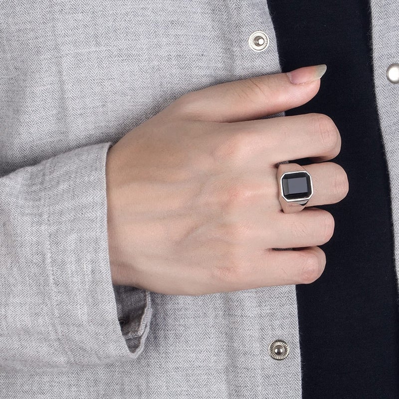 Dankadi 925 Sterling Silver Men Black Onyx Ring Square Circular Agate Signet Ring For Woman Index Finger Ring Sizes 6 to 13 For Band Mans Jewelry Gift For Him (Square Agate, 9) - Image 2