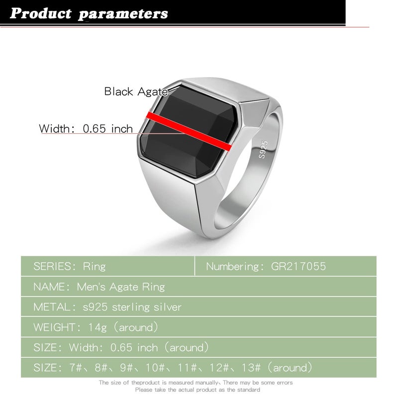 Dankadi 925 Sterling Silver Men Black Onyx Ring Square Circular Agate Signet Ring For Woman Index Finger Ring Sizes 6 to 13 For Band Mans Jewelry Gift For Him (Square Agate, 9) - Image 3