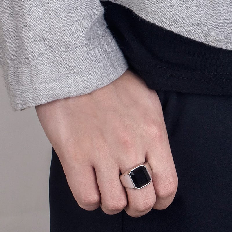 Dankadi 925 Sterling Silver Men Black Onyx Ring Square Circular Agate Signet Ring For Woman Index Finger Ring Sizes 6 to 13 For Band Mans Jewelry Gift For Him (Square Agate, 9) - Image 4
