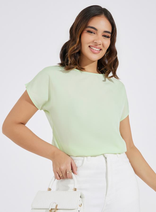 Styli Solid Round Neck Extended Sleeve Top - Image 1