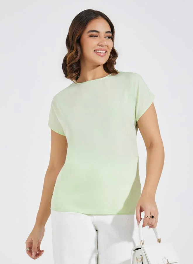 Styli Solid Round Neck Extended Sleeve Top