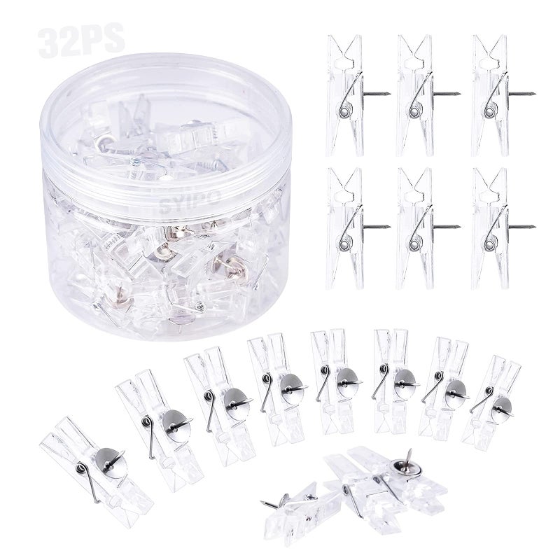 32 Pieces Reusable Push Pin Clips Photo Clips Mini Transparent Plastic Tacks Thumbtacks Clothespins Decorative Craft Paper Clips for Cork Boards Wall Artworks Notes Photos Craft Accessories Clear