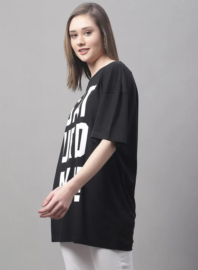 Styli Women Black Oversized Slogan Print T-Shirt By Door74