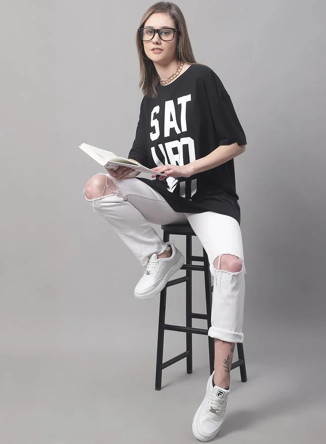 Styli Women Black Oversized Slogan Print T-Shirt By Door74