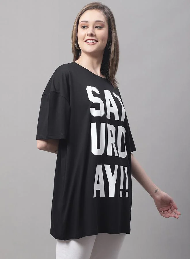 Styli Women Black Oversized Slogan Print T-Shirt By Door74