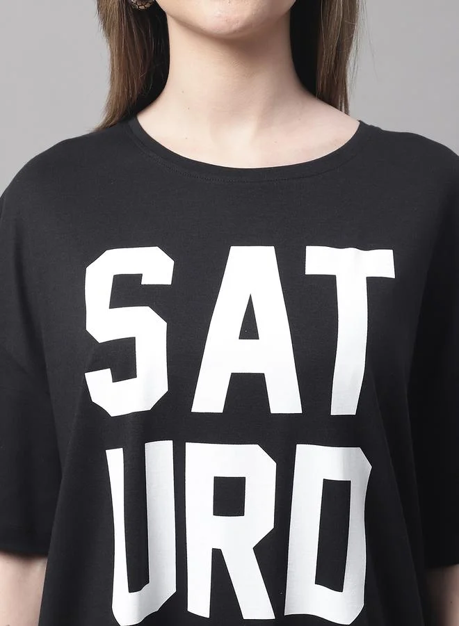 Styli Women Black Oversized Slogan Print T-Shirt By Door74
