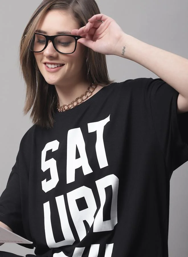 Styli Women Black Oversized Slogan Print T-Shirt By Door74