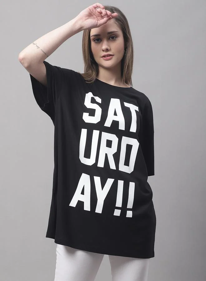 Styli Women Black Oversized Slogan Print T-Shirt By Door74