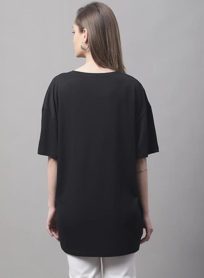 Styli Women Black Oversized Slogan Print T-Shirt By Door74
