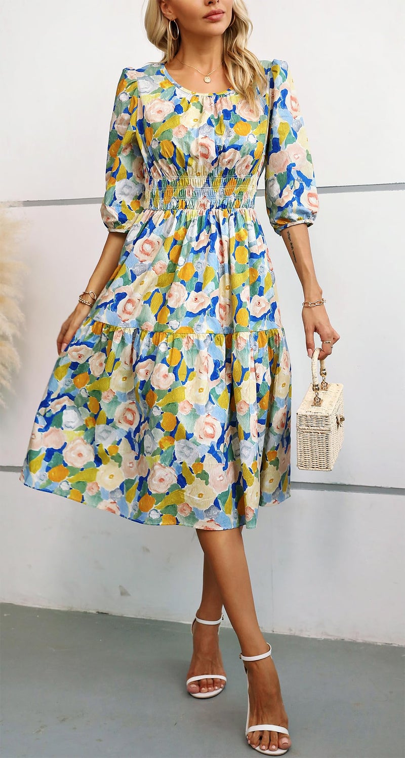 Kormei Women Summer Casual Boho Floral Round Neck 3/4 Sleeve Smocked Waist Tiered Flowy Swing Midi Dress XL Blue/Yellow - Image 4