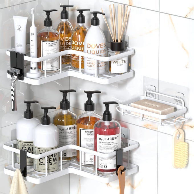 CORNER SHOWER CADDY ORGANIZER 3PACK SELFADHESIVE RUSTPROOF BATH SHELVES WITH SOAP HOLDER 4 HOOKS LARGE CAPACITY SHOWER STORAGE RACK FOR BATHROOM ORGANIZATION WHITE