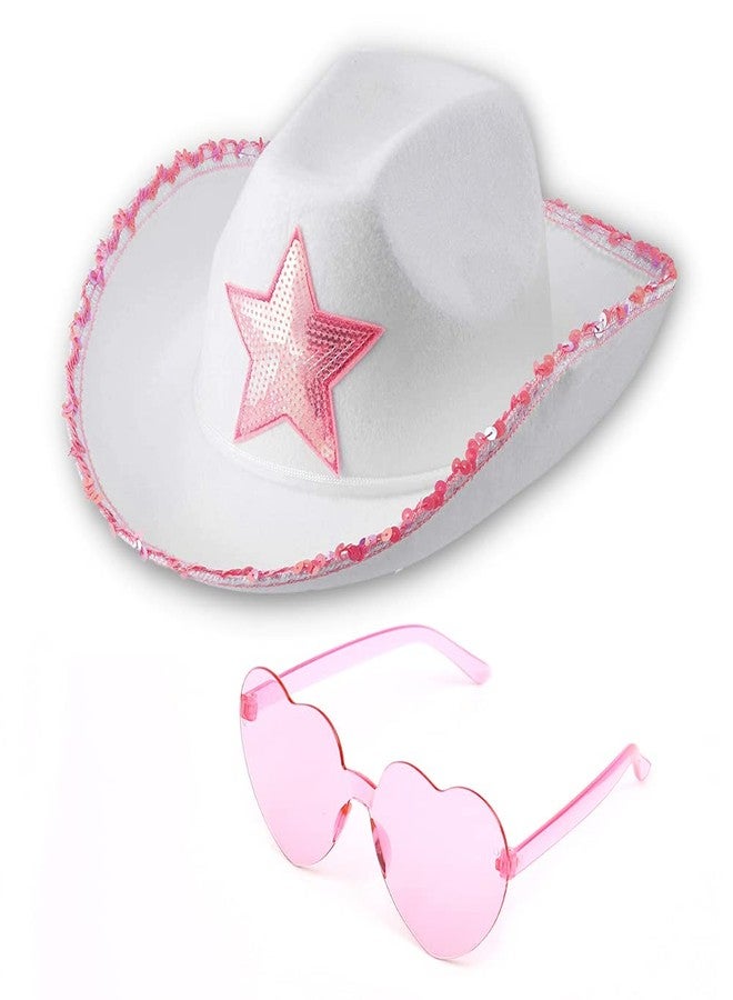 Funcredible White Cowboy Hat and Glasses - Preppy Cowgirl Hat with Star - Sparkly Cowboy Hats - Cowgirl Outfit Accessories for Women and Girls - Image 1