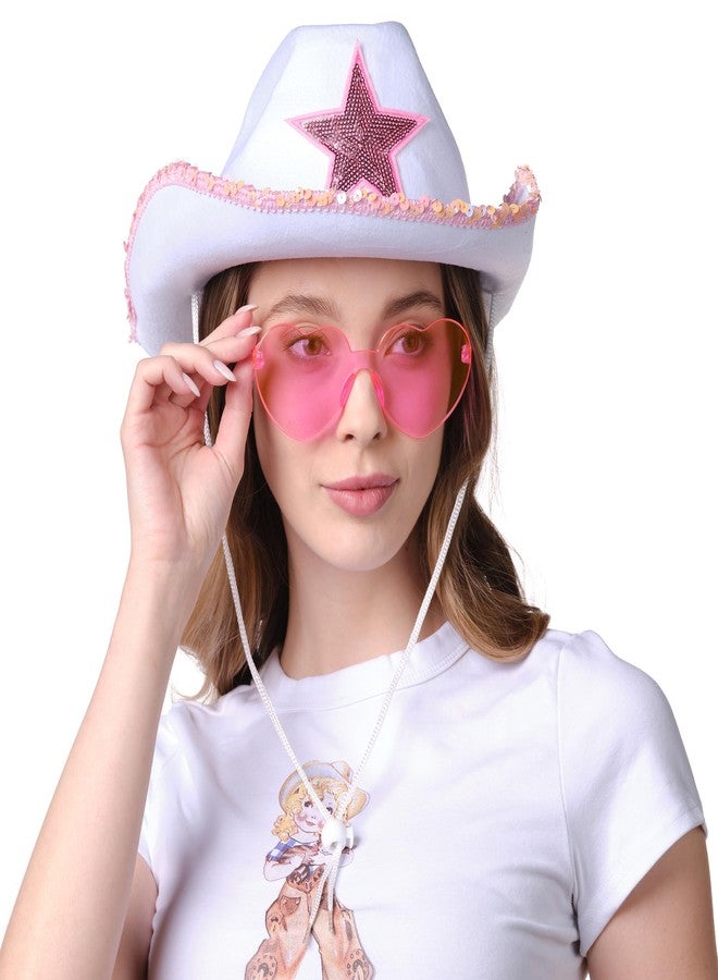 Funcredible White Cowboy Hat and Glasses - Preppy Cowgirl Hat with Star - Sparkly Cowboy Hats - Cowgirl Outfit Accessories for Women and Girls - Image 5