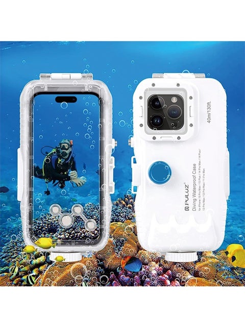 PULUZ 40m/130ft Waterproof Diving Case for iPhone 15 Pro Max/15 Plus /14 Plus / 14 Pro Max / 13 Pro Max /12 Pro Max/for Surfing Snorkeling Floating Photo Video Taking Underwater Housing Cover White