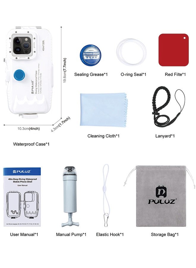 PULUZ - PULUZ 40m/130ft Waterproof Diving Case for iPhone 15 Pro Max/15 Plus /14 Plus / 14 Pro Max / 13 Pro Max /12 Pro Max/for Surfing Snorkeling Floating Photo Video Taking Underwater Housing Cover White - Image 1