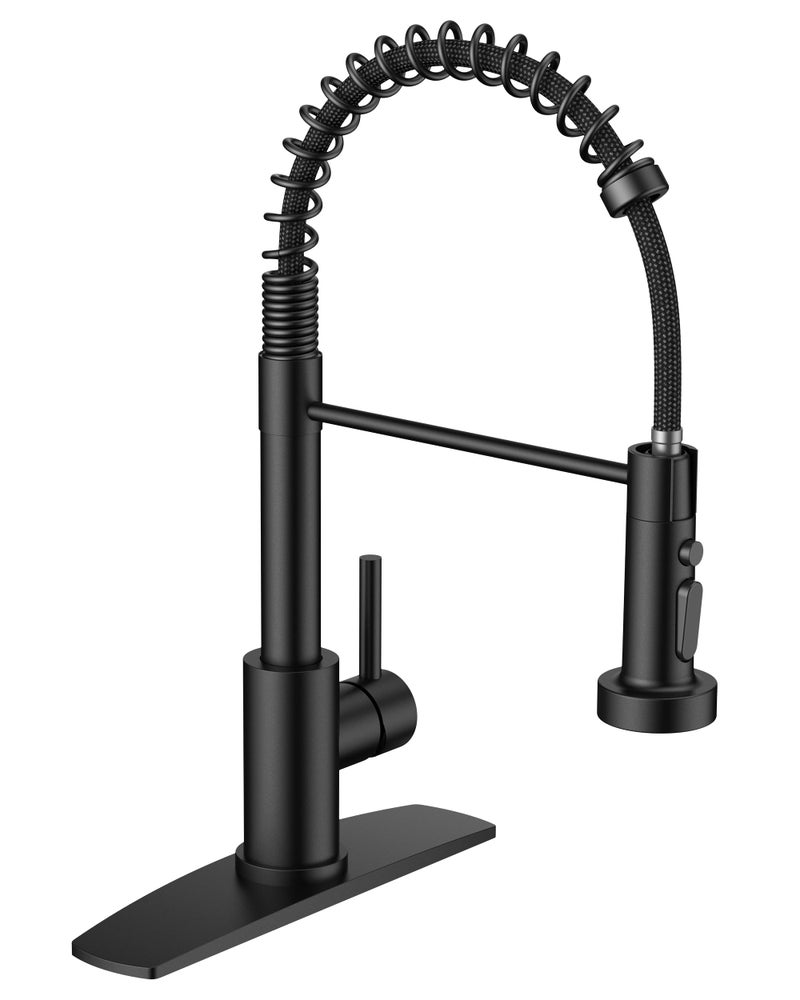 FORIOUS Black Kitchen Faucets with Sprayer, Stainless Steel Sink Faucet Single Handle with Deck Plate, Commercial Classic Spring Faucet for Kitchen Sink, Bar & Prep Sinks, Laundry RV Camper - Image 1