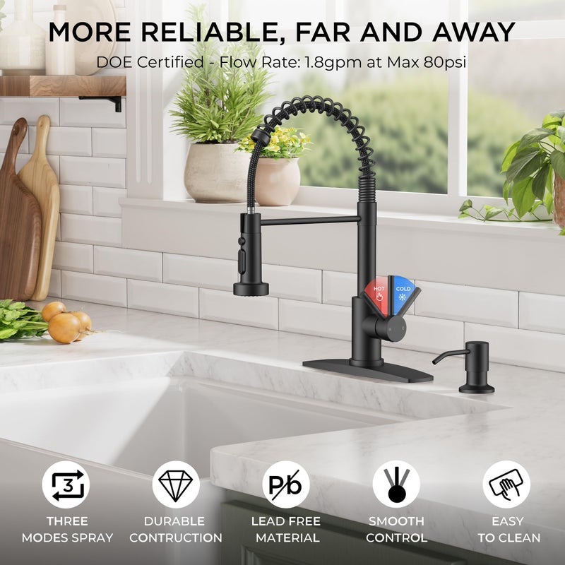 FORIOUS Black Kitchen Faucets with Sprayer, Stainless Steel Sink Faucet Single Handle with Deck Plate, Commercial Classic Spring Faucet for Kitchen Sink, Bar & Prep Sinks, Laundry RV Camper - Image 3