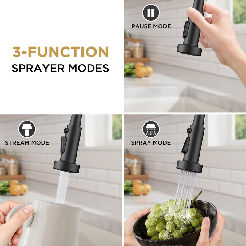FORIOUS Black Kitchen Faucets with Sprayer, Stainless Steel Sink Faucet Single Handle with Deck Plate, Commercial Classic Spring Faucet for Kitchen Sink, Bar & Prep Sinks, Laundry RV Camper - Image 4