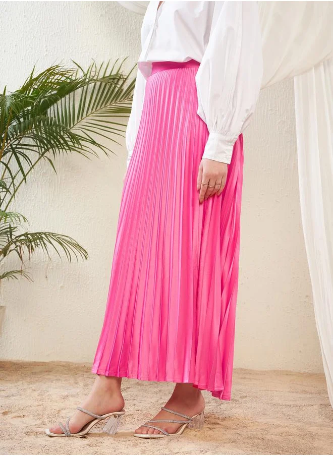 SASSAFRAS Pleated A-Line Satin Maxi Skirt by Styli