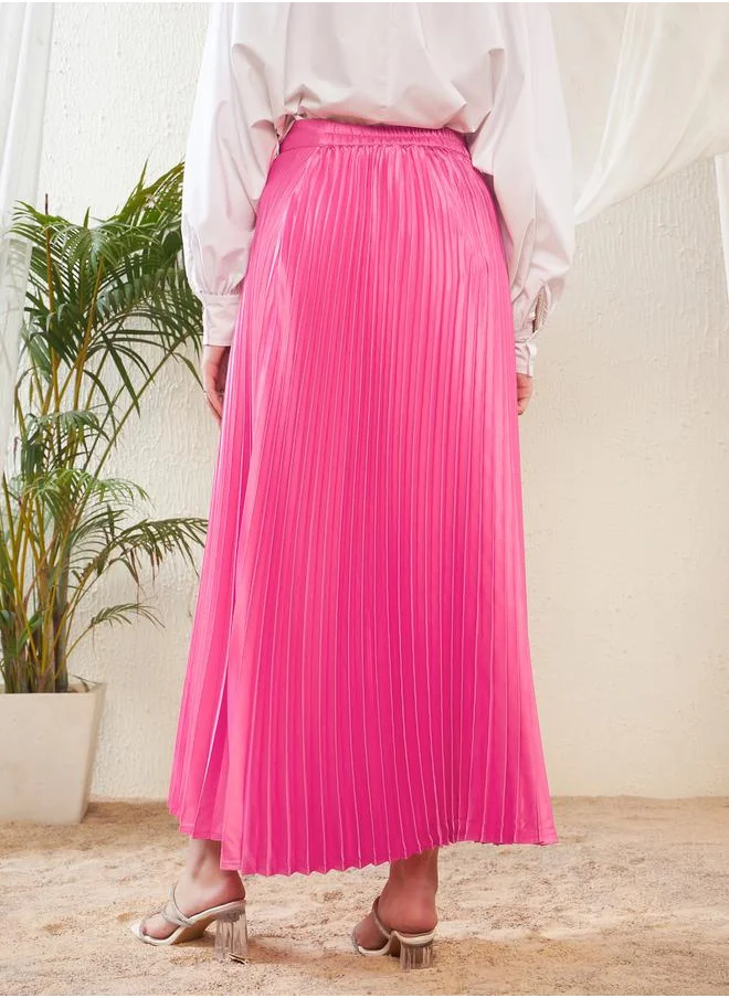 SASSAFRAS Pleated A-Line Satin Maxi Skirt by Styli
