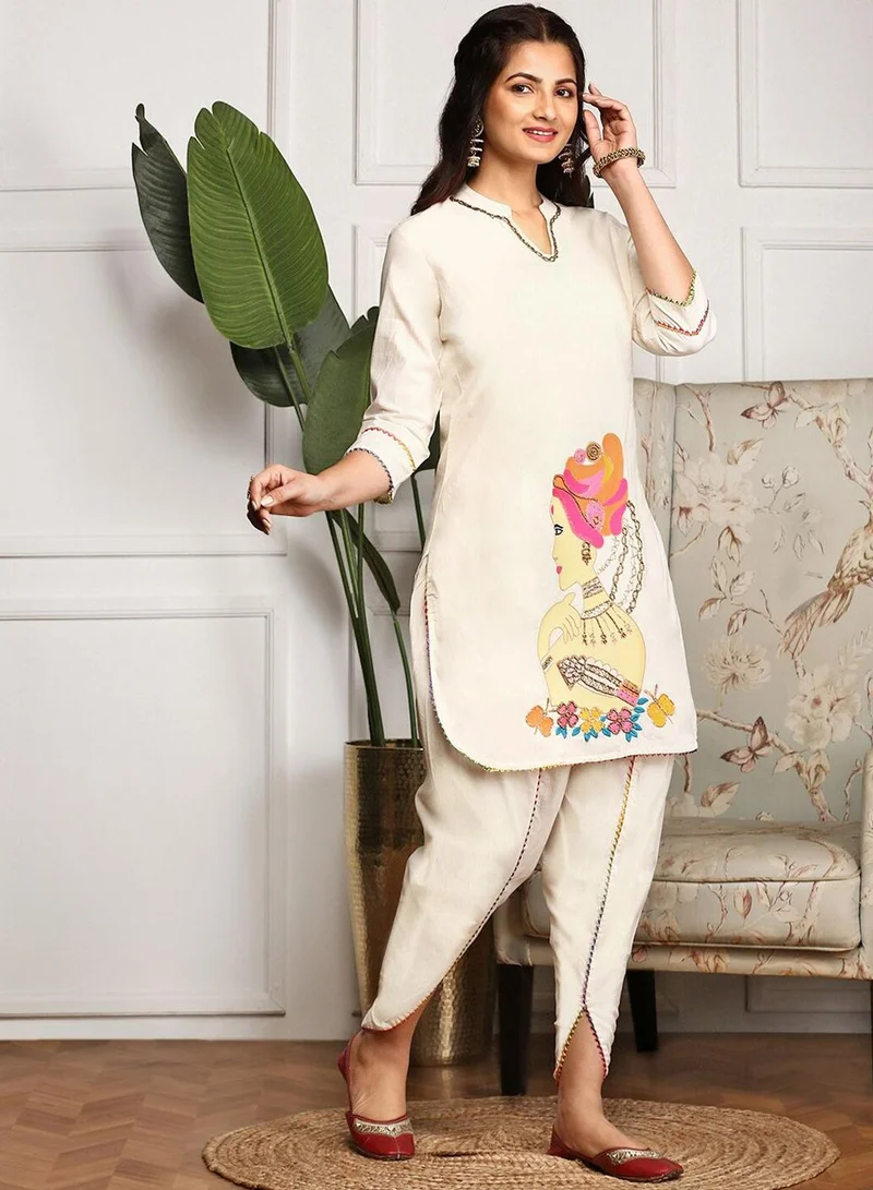 ISHIN Women's Off White 100% Cotton Embellished Tunic Full Length Casual Straight Fit Kurta Set
