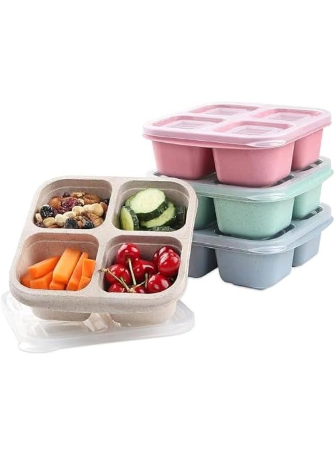 بيوينتي 4 قطع Bento صندوق الغداء ، قش القمح من الدرجة الغذائية PP 4 مقصورة Bento Box ، صندوق وجبات خفيفة قابلة لإعادة الاستخدام للبالغين والأطفال ، حاويات إعداد الوجبات للمدرسة ، العمل ، السفر ، المجمد وغسالة الصحون آمنة - Image 1