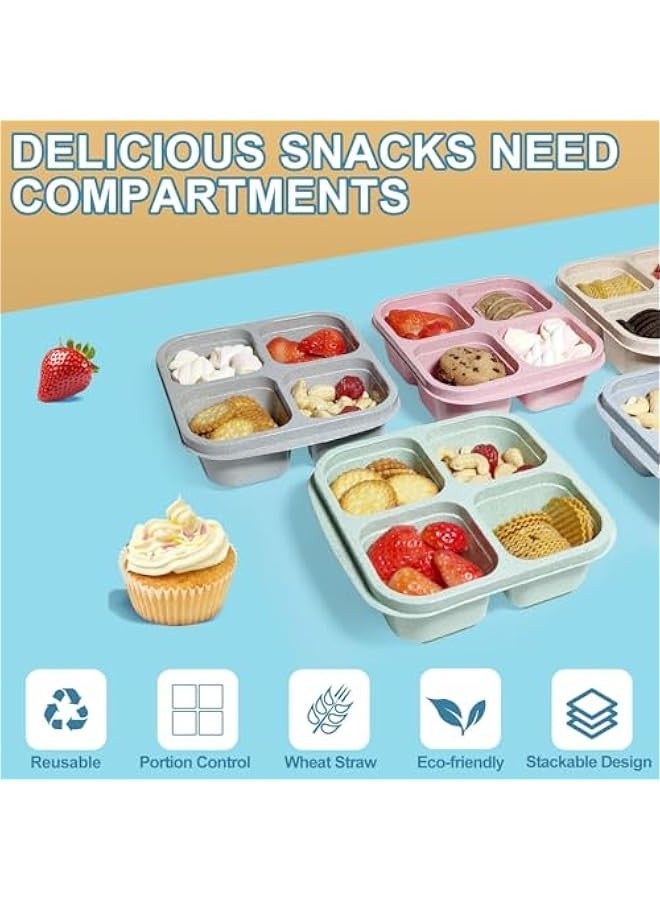 بيوينتي 4 قطع Bento صندوق الغداء ، قش القمح من الدرجة الغذائية PP 4 مقصورة Bento Box ، صندوق وجبات خفيفة قابلة لإعادة الاستخدام للبالغين والأطفال ، حاويات إعداد الوجبات للمدرسة ، العمل ، السفر ، المجمد وغسالة الصحون آمنة - Image 4